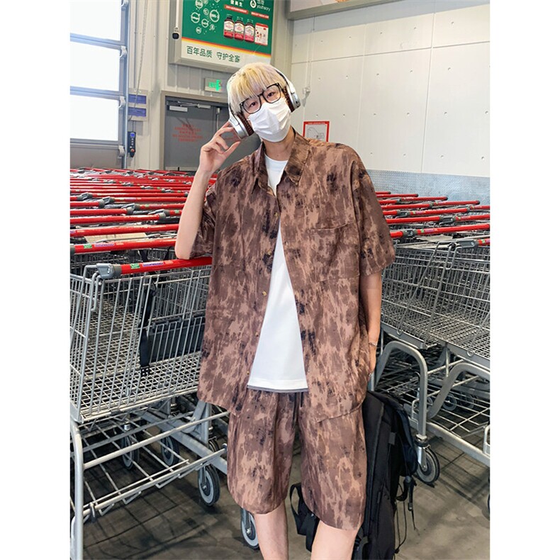 扎染新款套装男生夏季薄款短袖衬衫运动短裤中性风潮牌宽松两件套,男装衬衫,电商A007