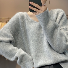 韩版宽松灰色V领马海毛衣秋冬2023新款女装宽松休闲软糯针织衫大，女装针织衫/毛衣，雪真羊绒