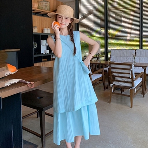 蓝色无袖假两件连衣裙女2025夏季新款韩系宽松休闲显瘦减龄背心裙图片