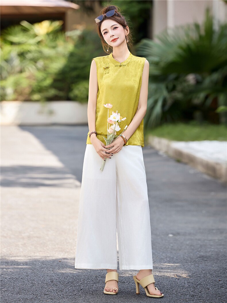 新中式无袖套装女夏季2026新款高端刺绣上衣天丝亚麻阔腿裤两件套,女装套装/套裙,丽影随形