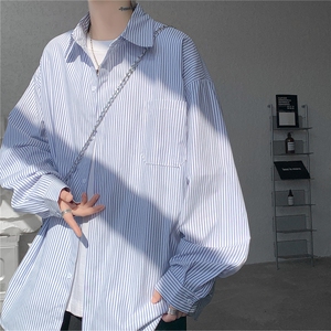春夏条纹衬衫男长袖薄款痞帅高级感宽松慵懒风大码衬衣CS29003P45图片