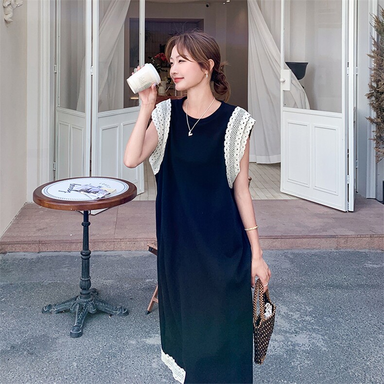 高级感蕾丝拼接连衣裙女夏季2025新款小个子独特绝美超好看小黑裙,女装连衣裙,2D080