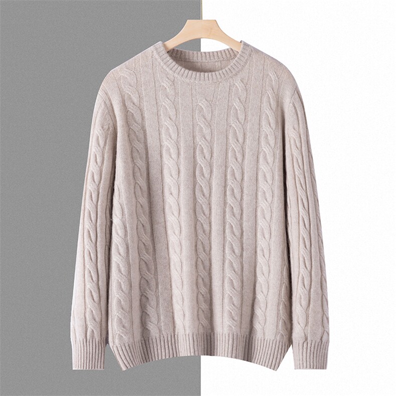 七针加厚全身麻花圆领时尚气质百搭纯色秋冬35%羊绒衫，男装羊绒套衫，宏杨羊绒