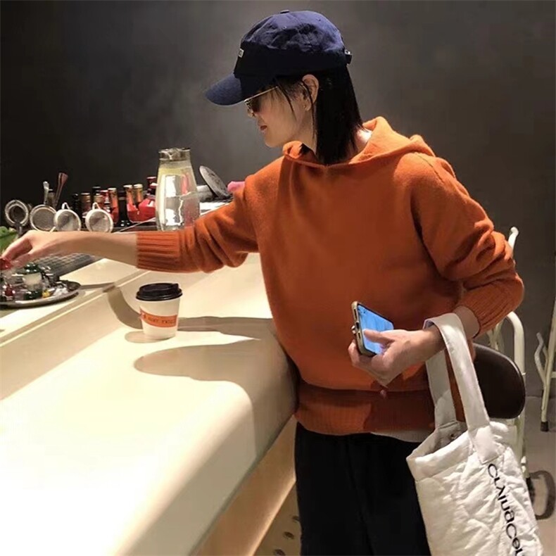 秋季新款舒适显瘦时尚百搭南瓜橘连帽衫长袖,女装羊毛衫,恒恩羊绒