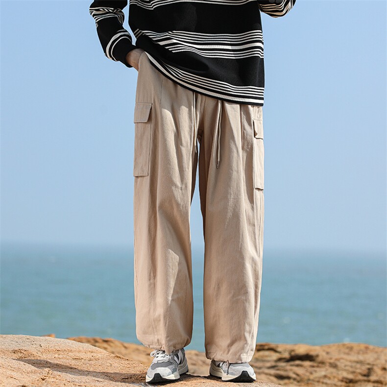 B225-海边-K2174-P63-X79--纯色口袋复古阔腿裤--全棉,男装休闲裤,电商B225