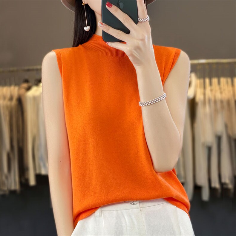 夏季新款100%超细精仿羊毛女一线半高领薄款背心宽松韩版打底针织，女装背心吊带，臻维羊绒
