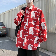 长袖日常春季标准兔子红色喜庆动物新款原宿潮百搭C647P30，男装衬衫，星座1116-2