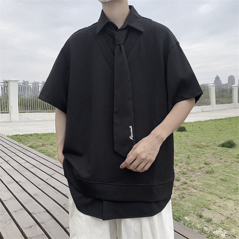 美式潮牌ins假两件套头衬衫男送领带宽松短袖衬衣服CS01271-P45,男装衬衫,星座308B-1