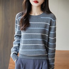 2025简约百搭针织细条纹套头衫，女装针织衫/毛衣，长今羊