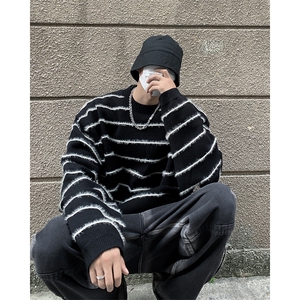 B213-P45秋冬圆领宽松长袖毛衣美式复古百搭休闲条纹针织衫男