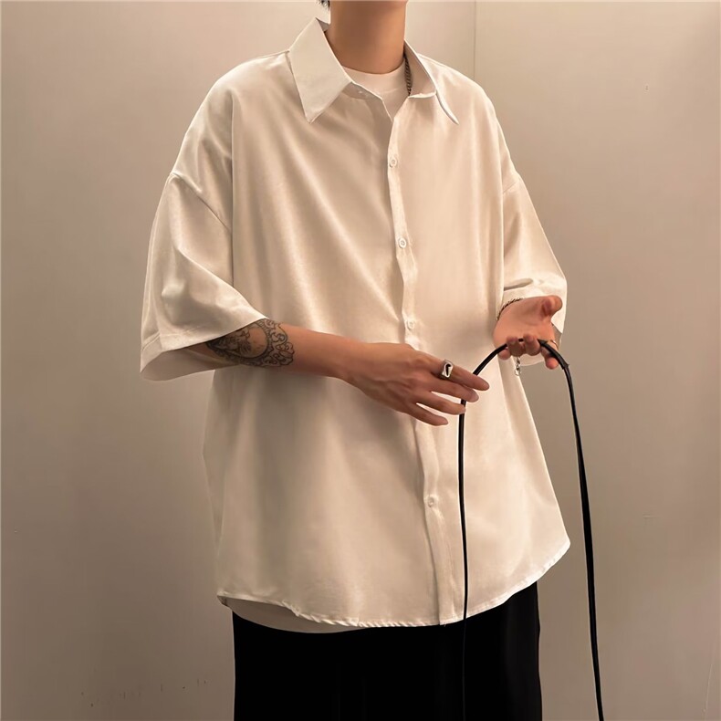 黑色衬衫男短袖垂感冰丝纯色夏季休闲外套韩版潮流白衬衣~CY46,男装衬衫,星座601-2