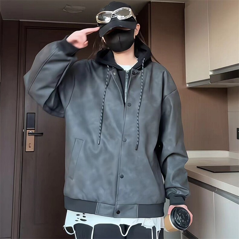 现货2026春秋款潮男假两件连帽皮衣夹克外套A436-D216-P80，男装夹克，电商A436