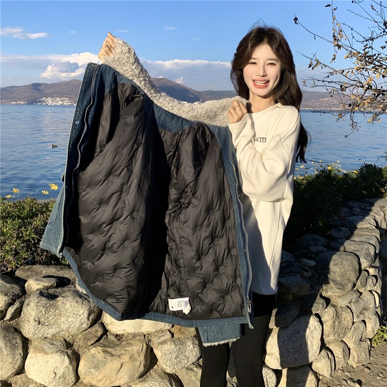 美式蓝色羊羔毛领牛仔外套女2025冬季新款高级感休闲宽松夹克上衣,女装羽绒服,艾米莉亚