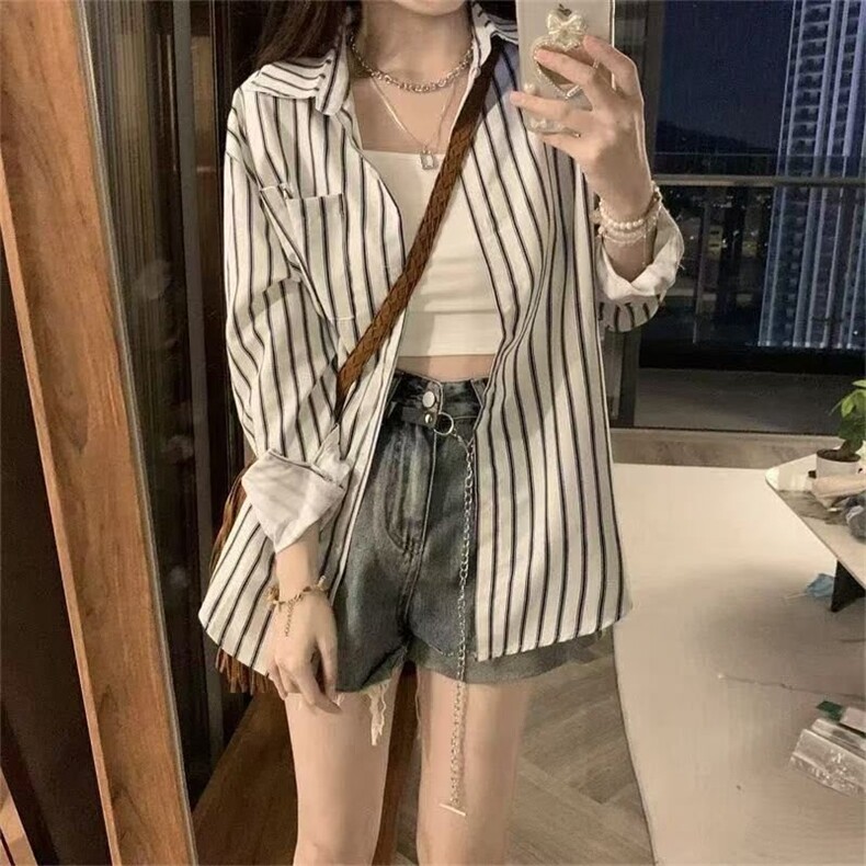 TC503-P45美式复古条纹衬衫内搭外穿宽松衬衣上衣,女装衬衫,星座617A-2