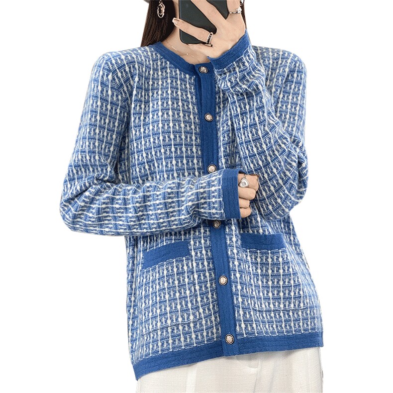 新款羊毛衫女针织开衫小香风外套圆领上衣宽松显瘦毛衣,女装羊毛衫,朝辰羊绒