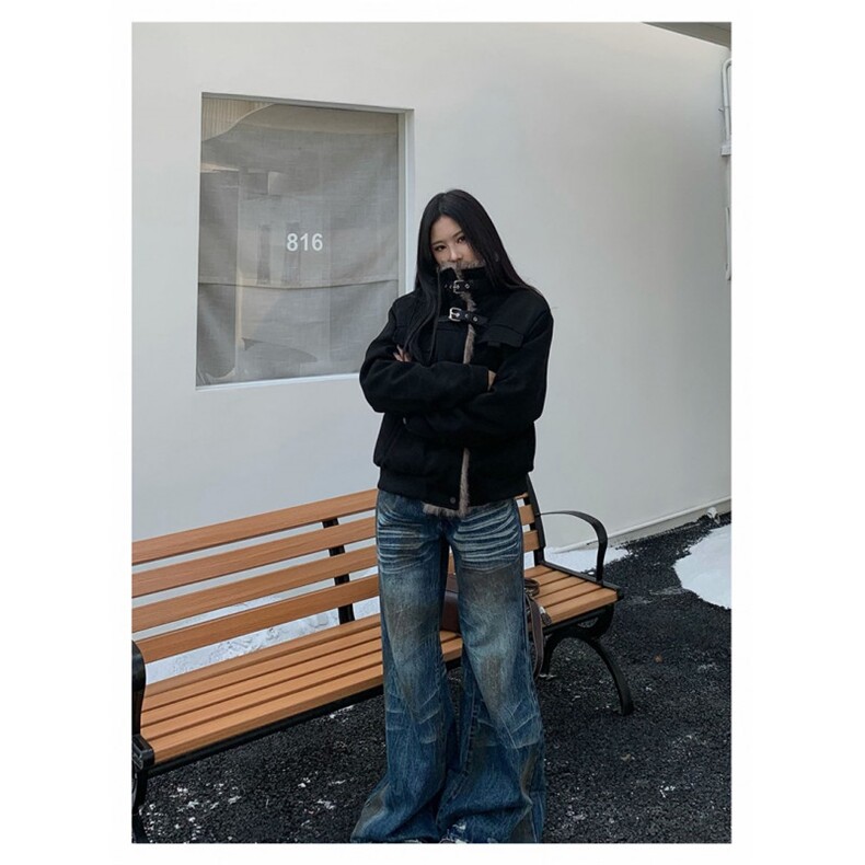美式复古毛毛拼接立领机车夹克棉服男女冬季加绒加厚短棉衣外套潮,男装夹克,星座506A