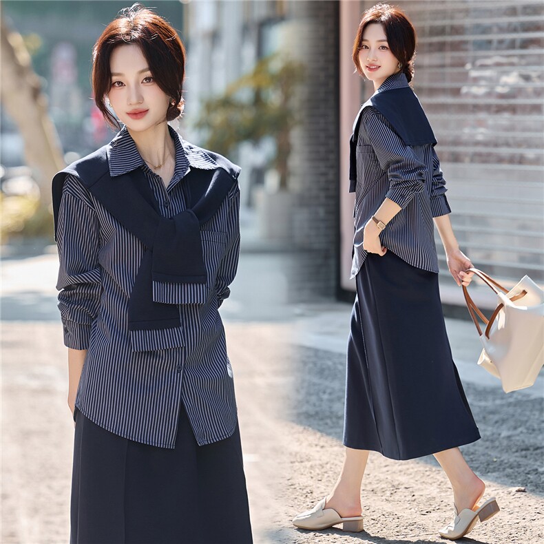 现货2025年秋季新款条纹披肩半身裙三件套，女装套装/套裙，盈茜