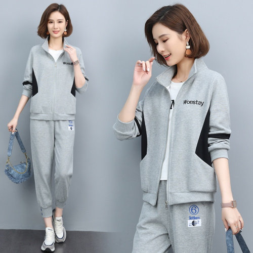 时尚休闲拼色外套女宽松显瘦百搭长袖上衣春秋新款韩版学生运动服套装,女装短外套,依恋蒂丝