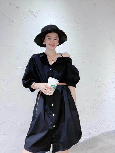 韩版斜肩配腰带连衣裙，女装连衣裙，玩美