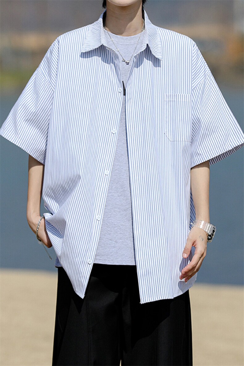 8XL-M条纹短袖衬衫男夏季宽松慵懒风痞帅大码衬衣外套DC28001P40,男装衬衫,电商B312