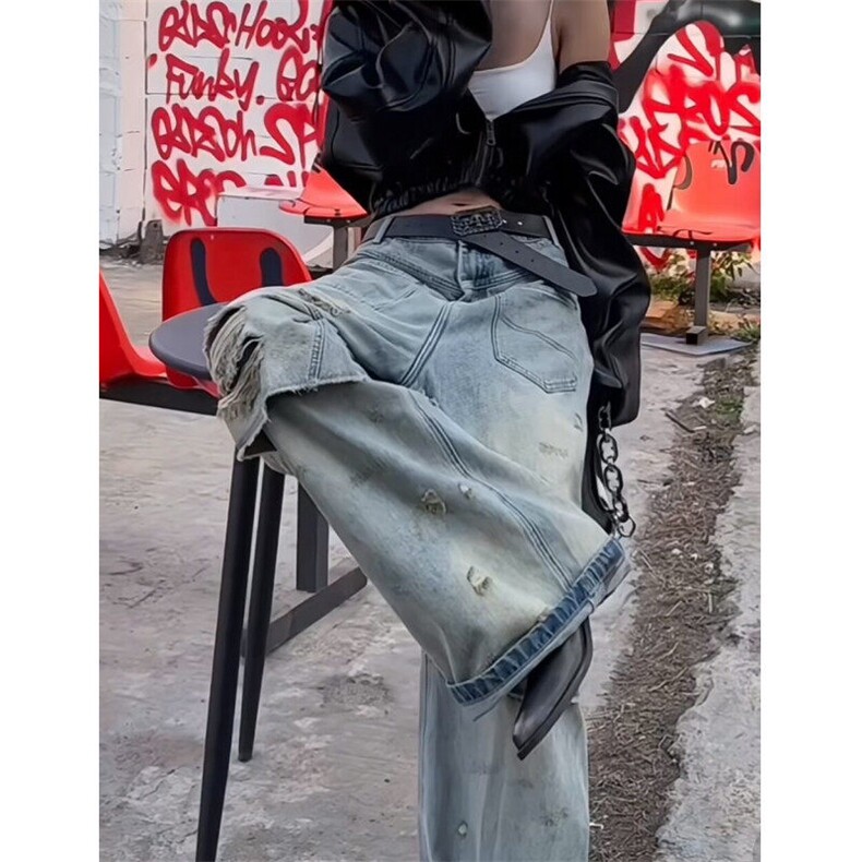 做旧美式复古破洞牛仔裤毛边工装宽松阔腿拖地长裤高街裤子B7834图片