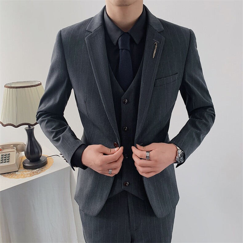 男士竖条纹西服套装韩版修身西装三件套英伦潮流新郎结婚礼服,男装休闲套装,星座1012