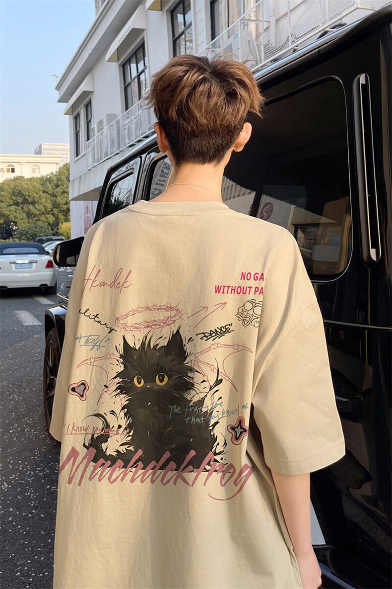 图案已注册夏季趣味猫咪印花短袖T恤男潮宽松半袖体恤衫D139/P25,男装T恤,电商B209
