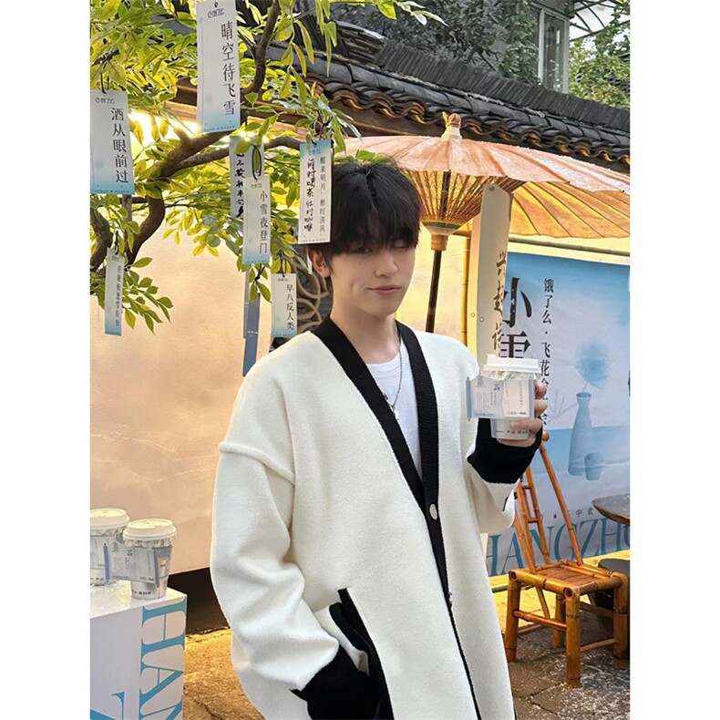 解构白色条纹开衫毛衣外套男潮高级感领针织衫美式上衣MY9234,男装针织衫/毛衣,星座1116A（原606A-3）