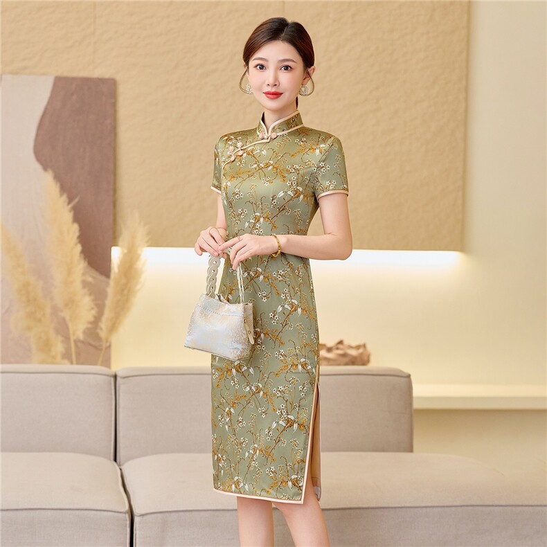 杭州品质真丝中长裙复古印花连衣裙女春夏日常修身潮流真丝旗袍,女装汉服/婚纱/旗袍/礼服,小荷流