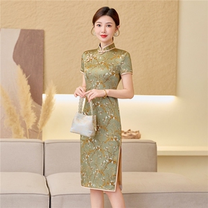 杭州品质真丝中长裙复古印花连衣裙女春夏日常修身潮流真丝旗袍图片