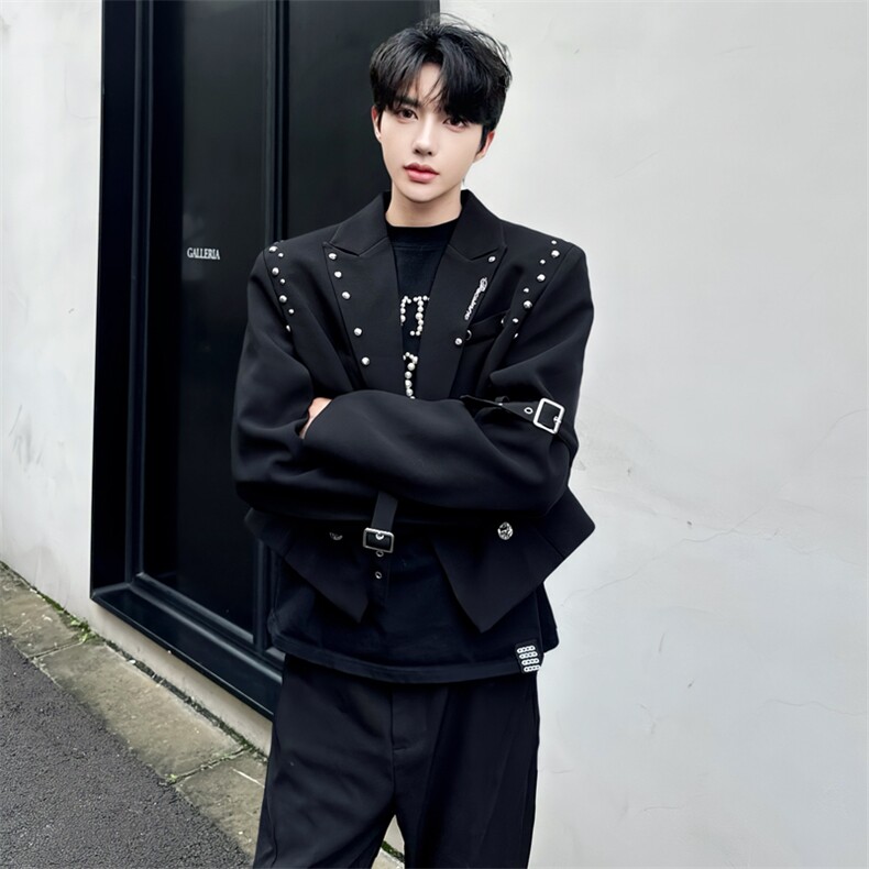 金属铆钉短款小西装男生小众双排扣休闲垫肩西服5225-P105,男装西服,星座910-5