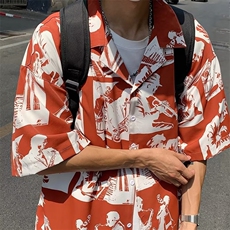 美式高级感短袖衬衫男夏季潮牌痞帅嘻哈宽松休闲夏威夷五分袖衬衣，男装衬衫，星座716-4
