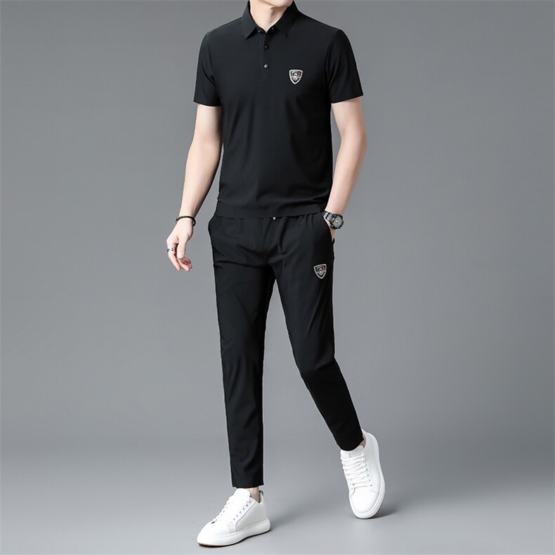 短袖套装男23夏季新款时尚休闲工艺翻领锦氨冰丝质感两件套，男装休闲套装，电商B212（原钱塘6029）