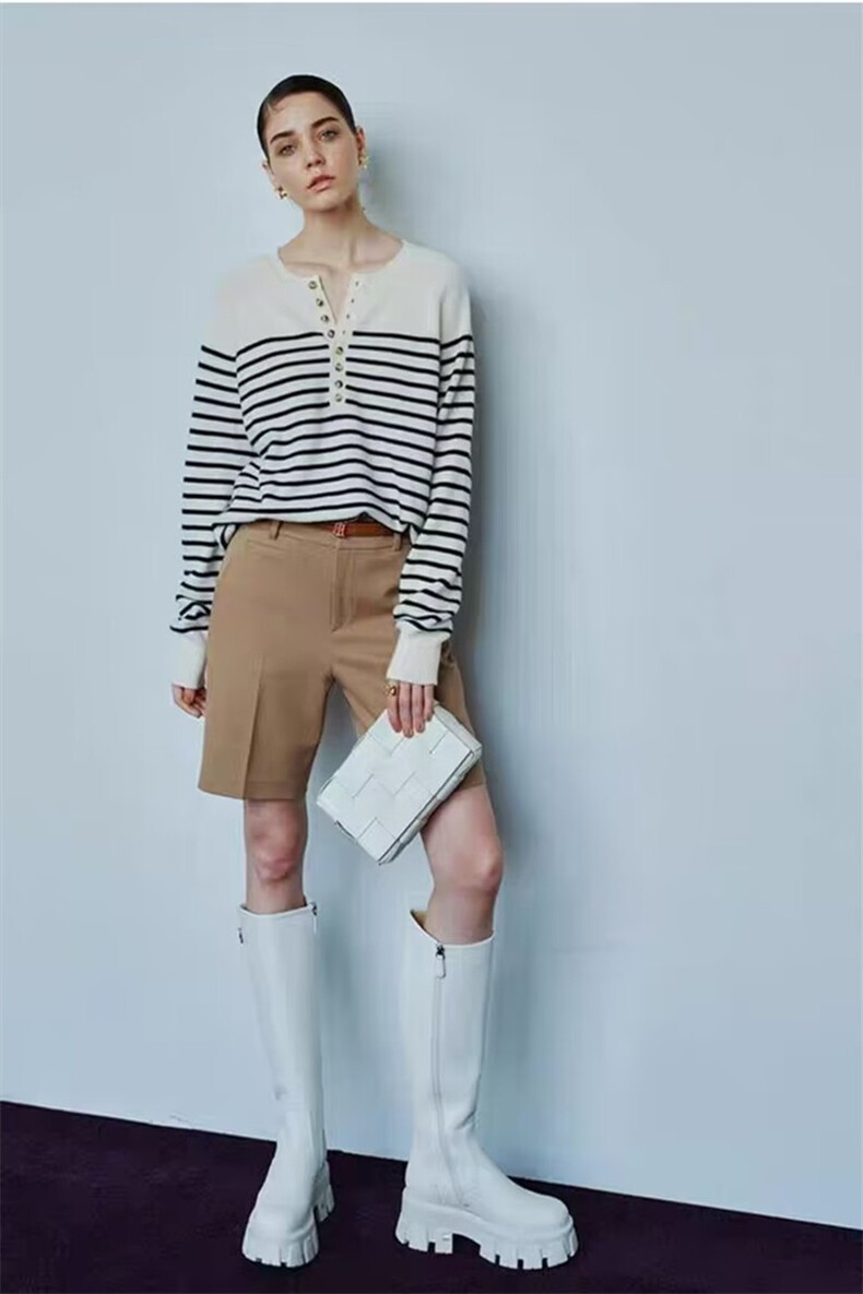 时尚百搭纯澳毛黑白条纹半开领女士羊毛衫,女装羊毛衫,莺澜羊绒
