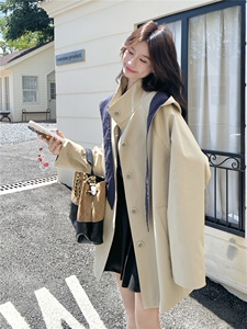 盐甜系格纹拼接连帽风衣外套女2025秋季新款学院风宽松小个子大衣图片