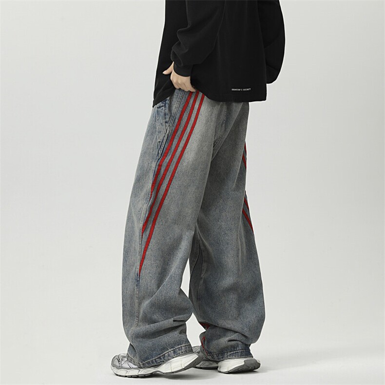 拼色三条杠红色牛仔裤男士韩版潮高街2025春季ins长裤RK2132X-P53，男装牛仔裤，星座412-3