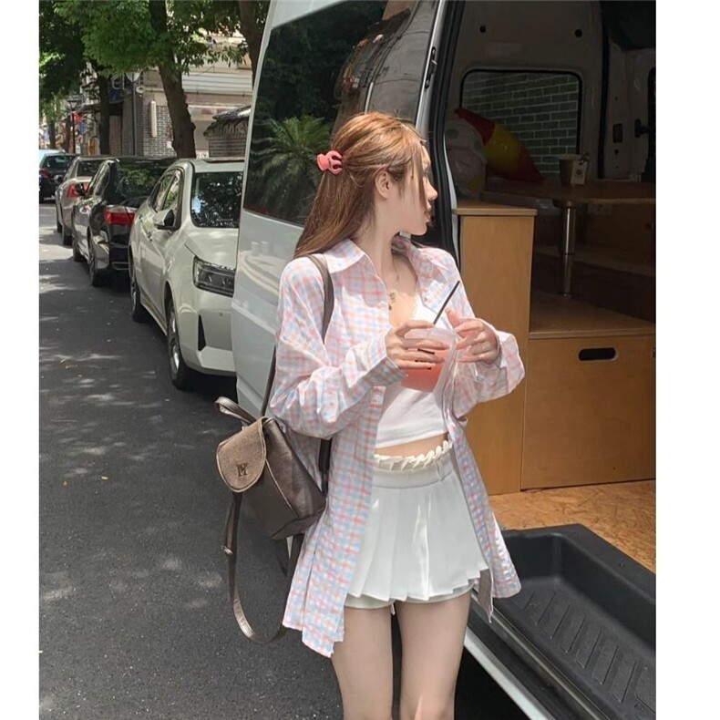 TC684-p45森系甜美蓝色格纹衬衫女早秋宽松休闲显瘦中长款衬衣,女装衬衫,星座617A-2