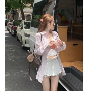 TC684-p45 森系甜美蓝色格纹衬衫女早秋宽松休闲显瘦中长款衬衣图片
