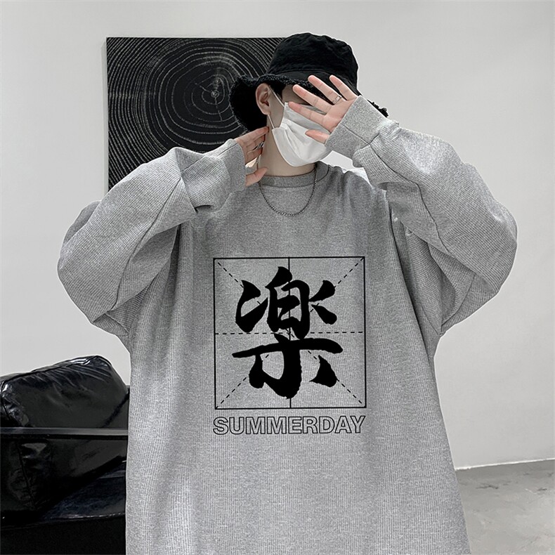 华夫格卫衣圆领卫衣男大码长袖t恤男外套HW76197-P30加绒款-P40,男装卫衣,电商A040