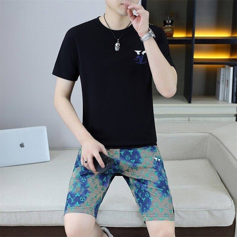 25366-P65夏季休闲T恤短裤男两件套欧货潮牌修身圆领短袖T恤套装,男装休闲套装,电商D310B-1