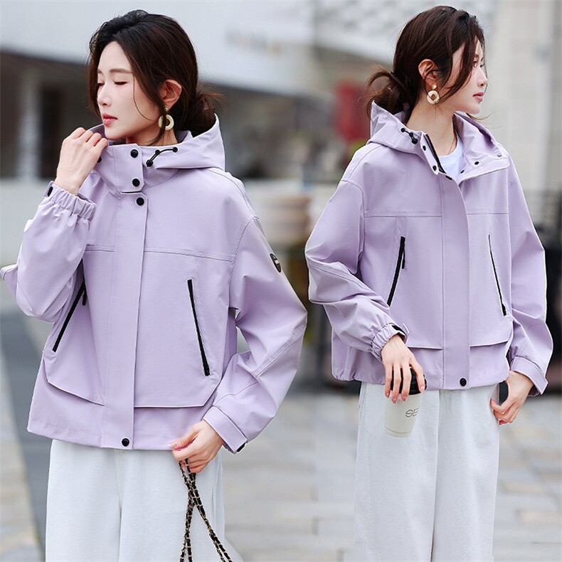 休闲连帽外套女2026春秋新款小个子百搭宽松冲锋衣，女装短外套，鑫源服饰