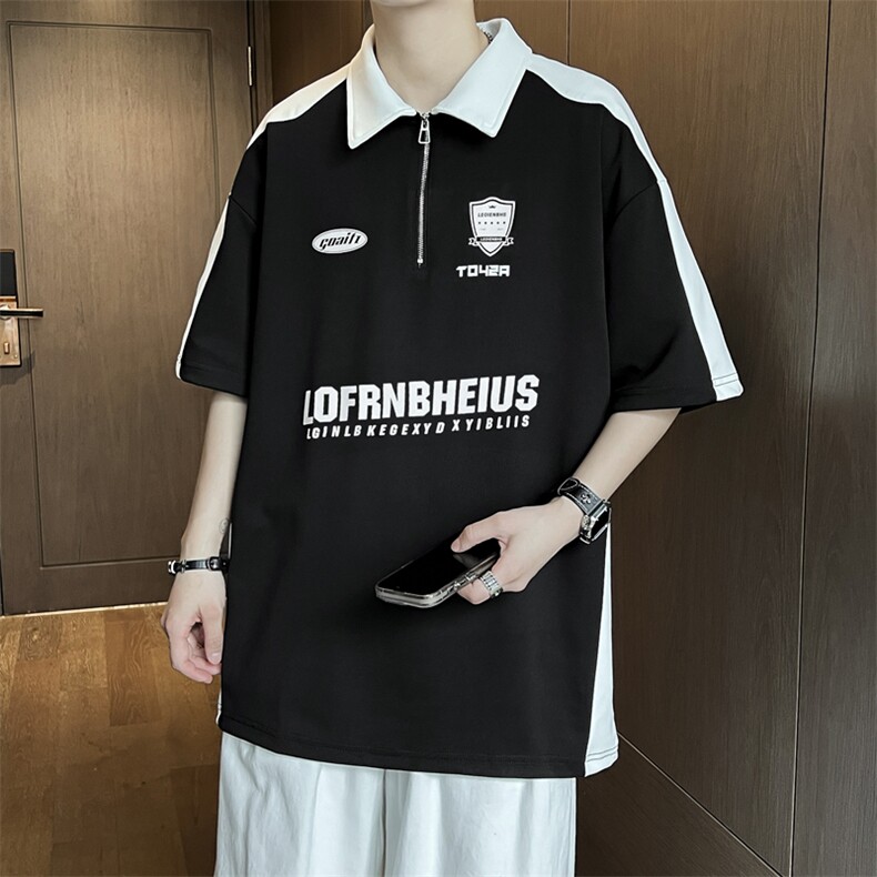 C405-P32美式复古拼接撞色翻领体恤2024夏季宽松POLO衫短袖男,男装Polo衫,星座512-6