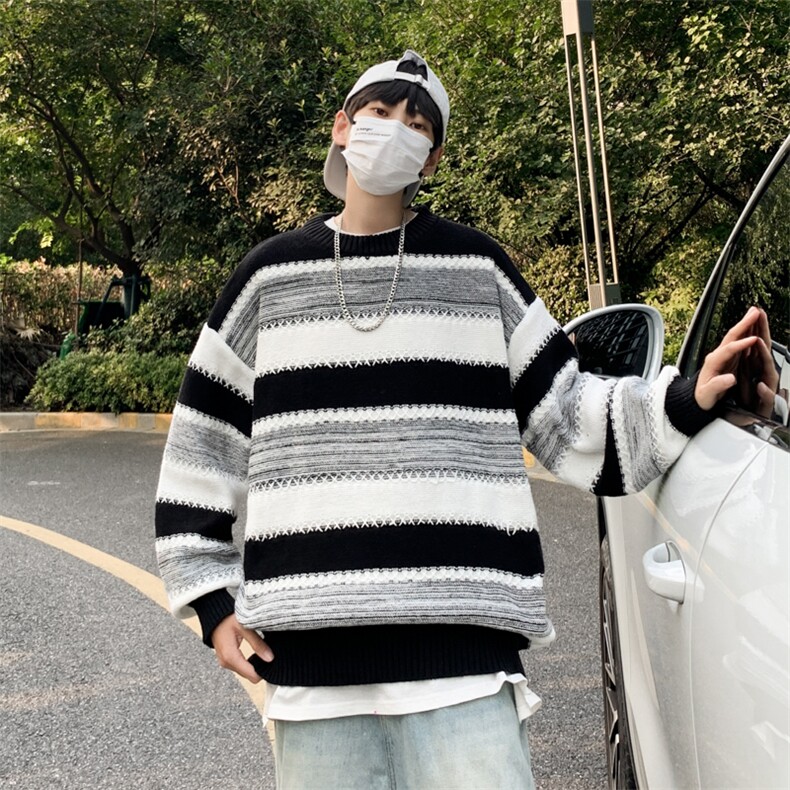 圆领条纹毛衣男休闲潮流针织衫秋冬季宽松慵懒风毛线衣HY731-P48图片