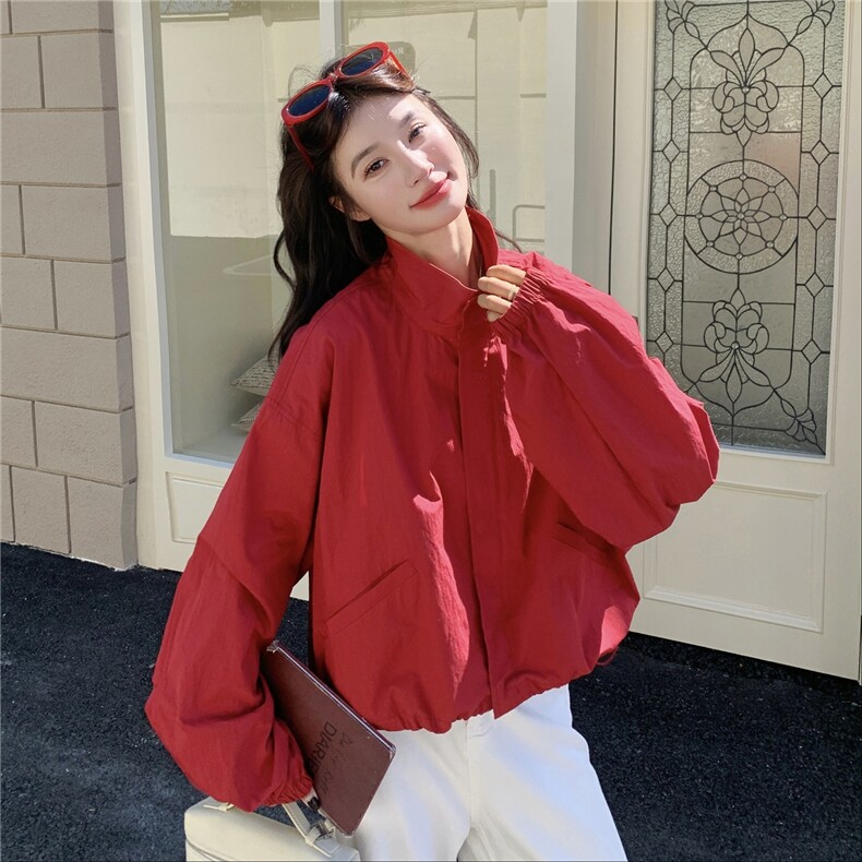 韩系chic休闲减龄复古红色短外套女春秋超火好看宽松工装夹克上衣,女装短外套,2B237