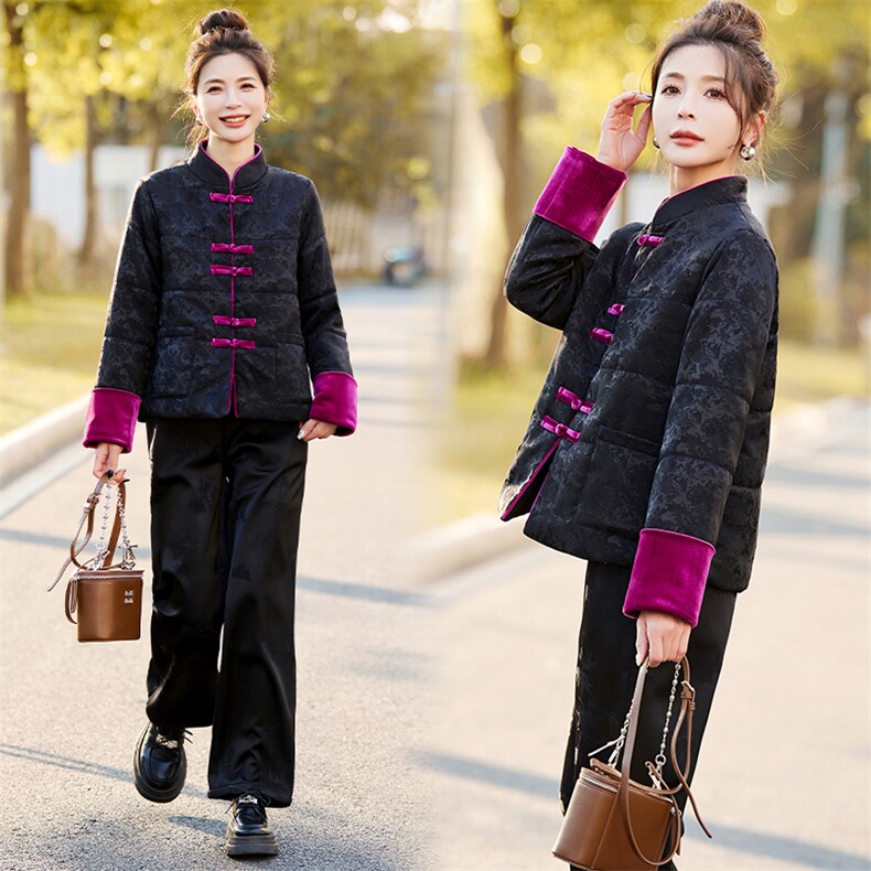 现货！提花羽绒棉服2024冬季新款长袖盘扣加厚短款小棉衣，女装棉衣/棉服，新依时派