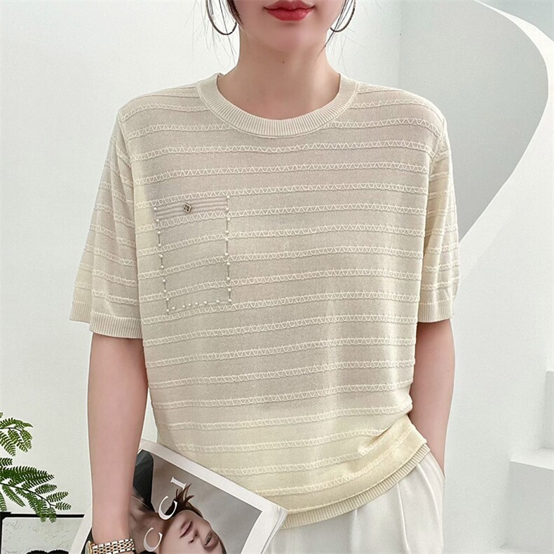 2025春夏新莱赛尔天丝圆领假兜气质短袖女士纯色简约通勤透气T恤,女装T恤,秋虹羊绒