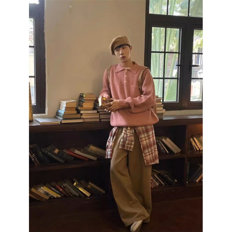 现货MY57-P80粉色宽松百搭口袋polo领长袖毛衣针织衫男女,男装针织衫/毛衣,星座1501-3