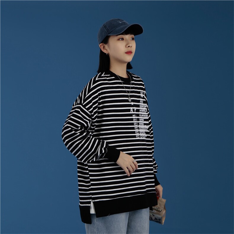 新款男女春秋条纹高品质情侣日系套头卫衣休闲714-1-WY03-P45图片