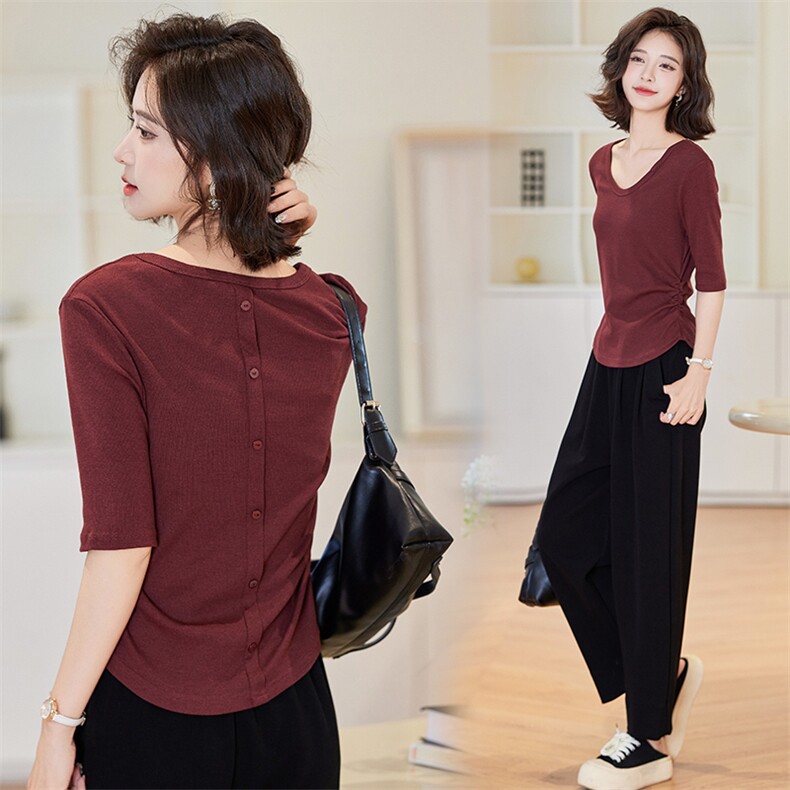 安可拉红色圆领正肩T恤中袖秋季新款修身针织衫收腰显瘦洋气上衣，女装针织衫/毛衣，梦懿尔