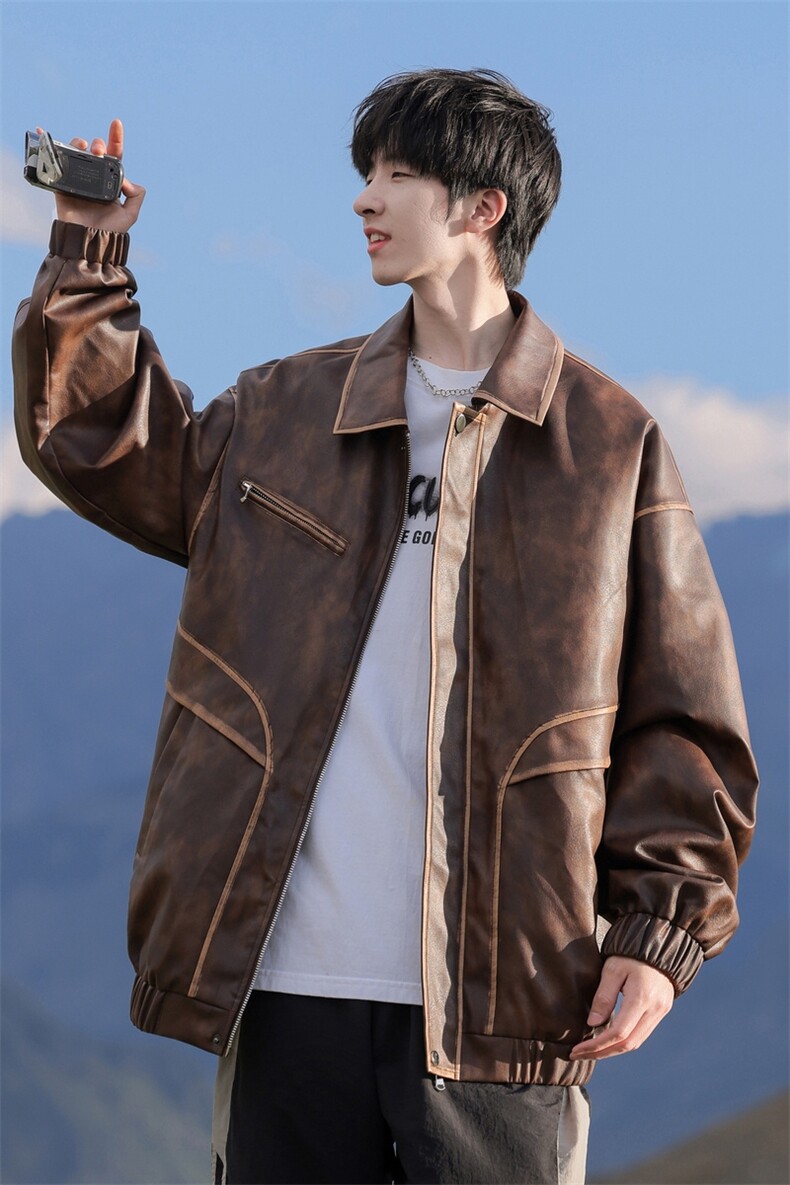 外景痞帅美式复古翻领机动皮夹克品质皮衣外套A406JK8663P115,男装夹克,星座309（原A406）